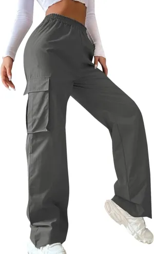 Womens Casual Cargo Pants Plus Size Elastic High Waisted Straight Wide Leg Pants Y2k Loose Solid Lounge Trousers