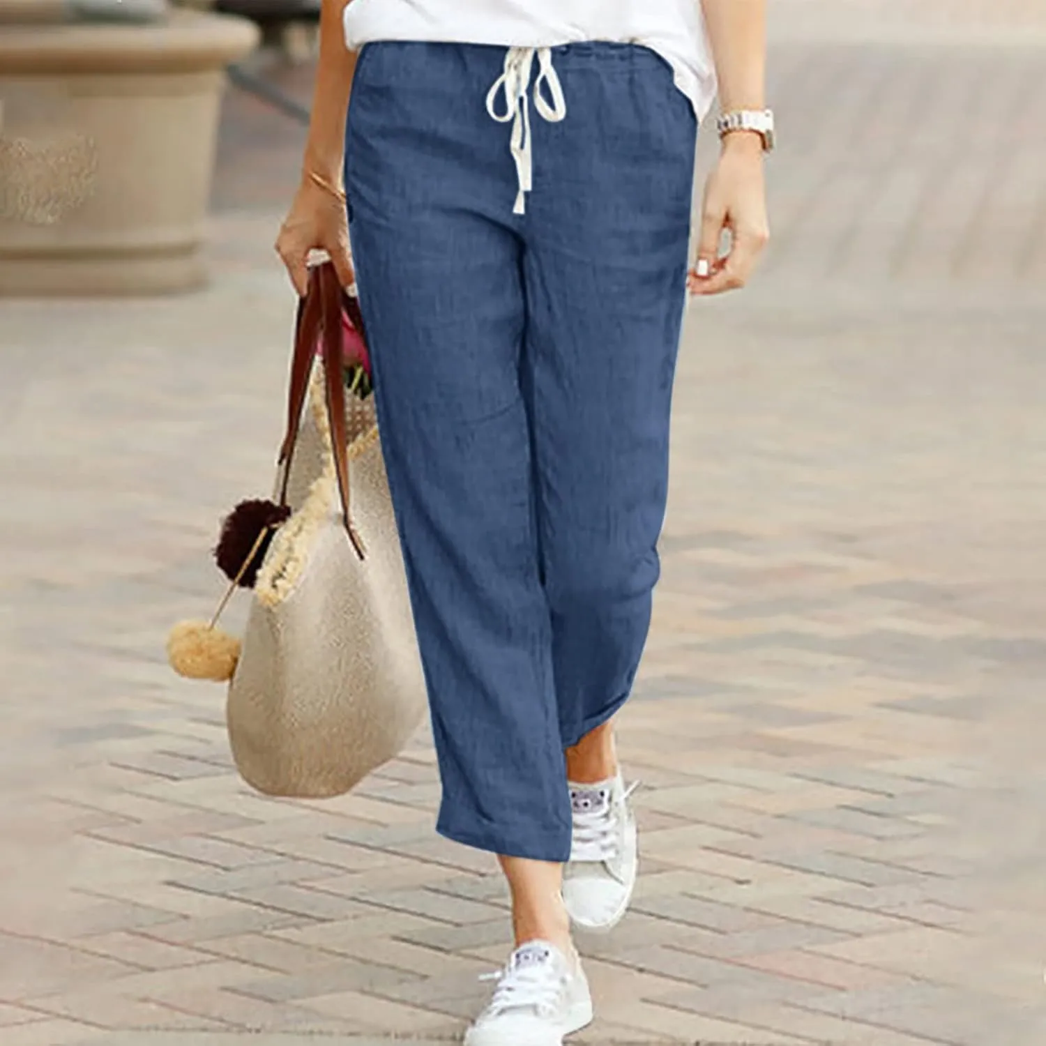 Women's Casual Cotton Linen Pants High Waisted Baggy Pants with Elastic Waist Relax Fit Lantern Trouser with Pockets