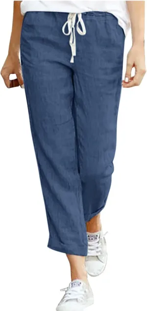 Women's Casual Cotton Linen Pants High Waisted Baggy Pants with Elastic Waist Relax Fit Lantern Trouser with Pockets
