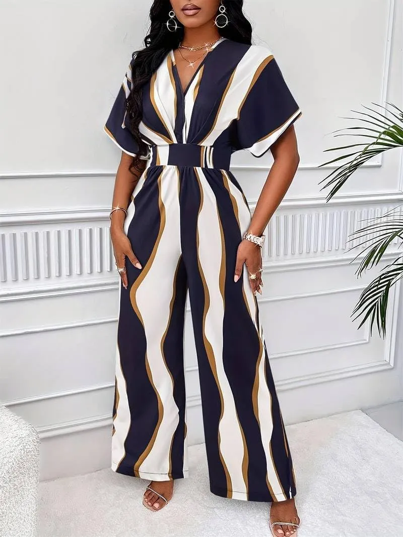 Women's Casual Jumpsuit Abstract Print Wide Leg Jumpsuits Short Sleeves Beach Rompers Long Pants