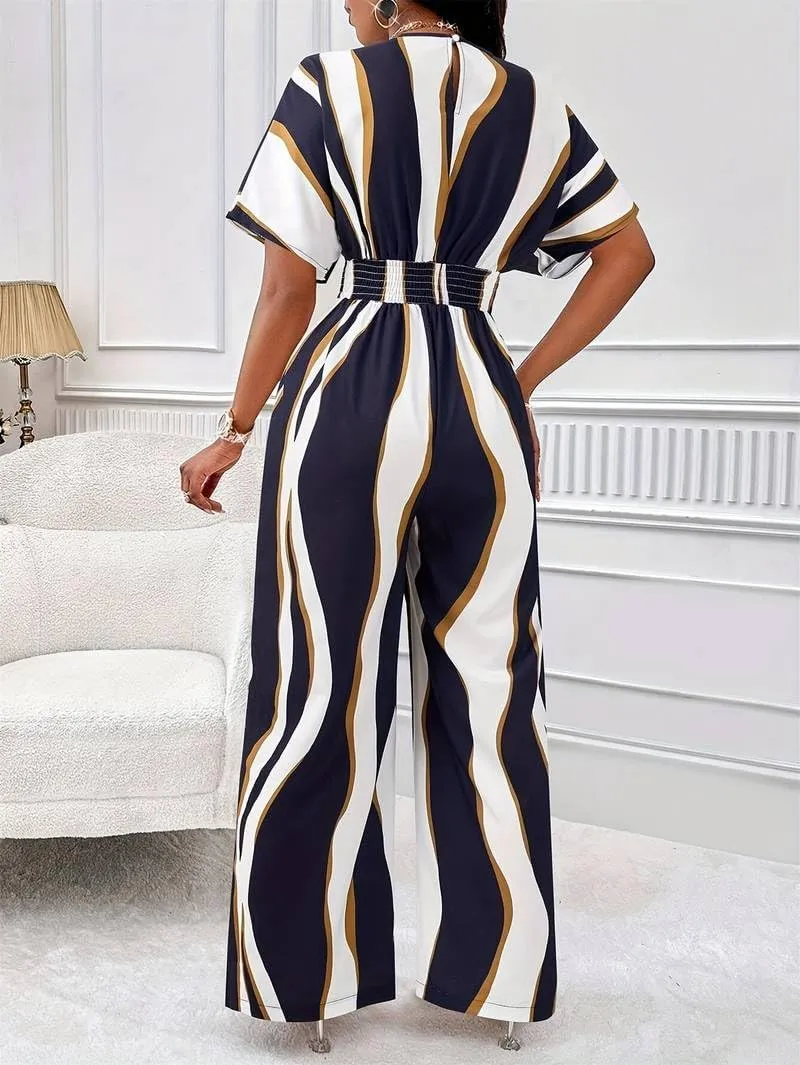 Women's Casual Jumpsuit Abstract Print Wide Leg Jumpsuits Short Sleeves Beach Rompers Long Pants