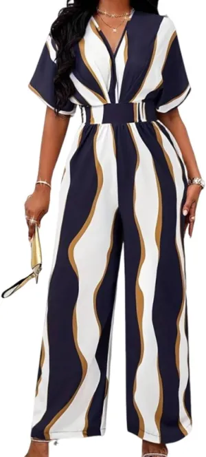Women's Casual Jumpsuit Abstract Print Wide Leg Jumpsuits Short Sleeves Beach Rompers Long Pants