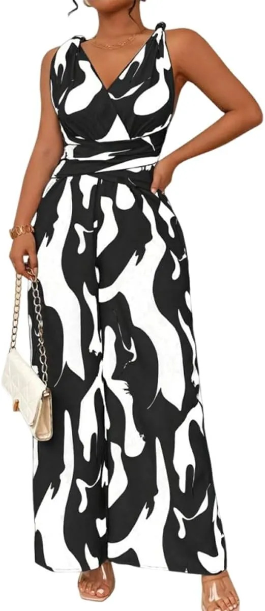 Women's Casual Jumpsuit Abstract Print Wide Leg Jumpsuits Sleeveless Beach Rompers Long Pants