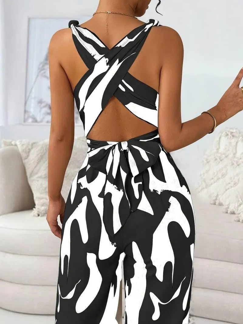 Women's Casual Jumpsuit Abstract Print Wide Leg Jumpsuits Sleeveless Beach Rompers Long Pants