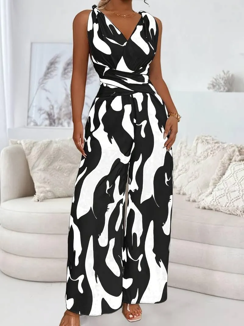 Women's Casual Jumpsuit Abstract Print Wide Leg Jumpsuits Sleeveless Beach Rompers Long Pants