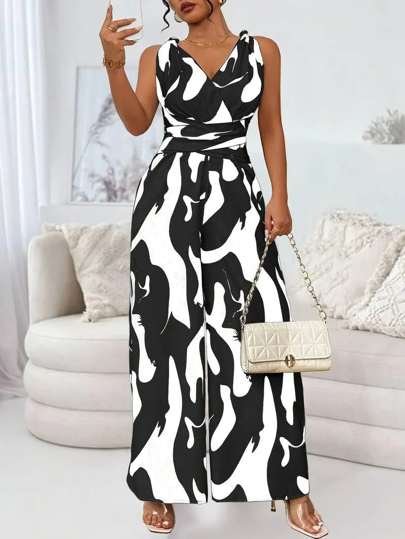 Women's Casual Jumpsuit Abstract Print Wide Leg Jumpsuits Sleeveless Beach Rompers Long Pants