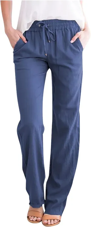 Women's Cotton Linen Pants Summer 2025 - Breathable Wide Leg Trousers with Elastic Waist, Lightweight Casual Comfort Slimming Palazzo Pants