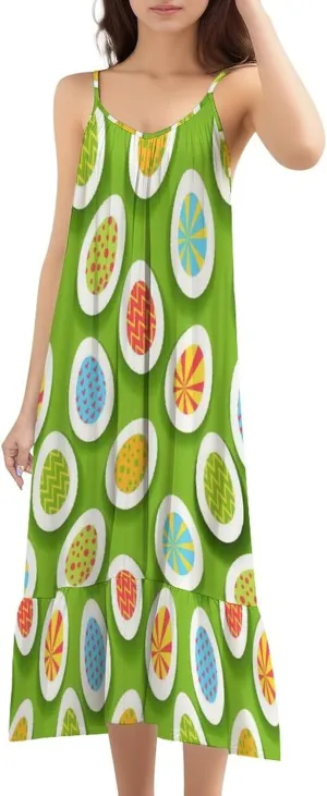 Women's Easter Egg Beach Spaghetti Strap Maxi Dress Fashion Ruffled Flowy Boho Sundresses