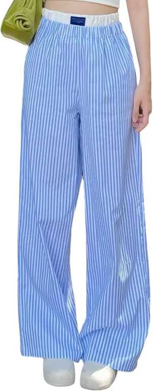 Women's Fashion Stripe Trousers Elastic High Waist Letter Sign Wide Leg Pants with Pockets Streetwear