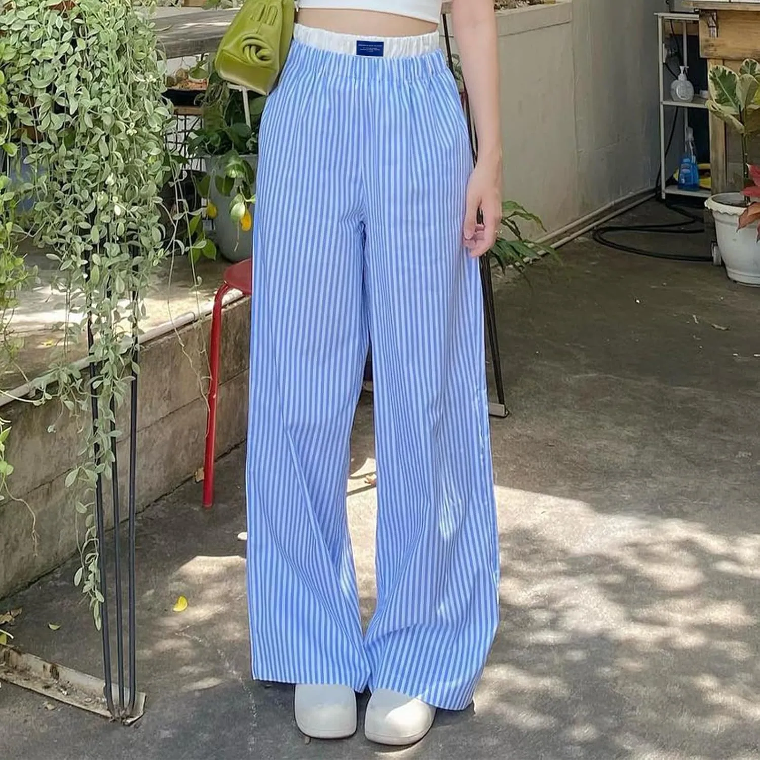 Women's Fashion Stripe Trousers Elastic High Waist Letter Sign Wide Leg Pants with Pockets Streetwear