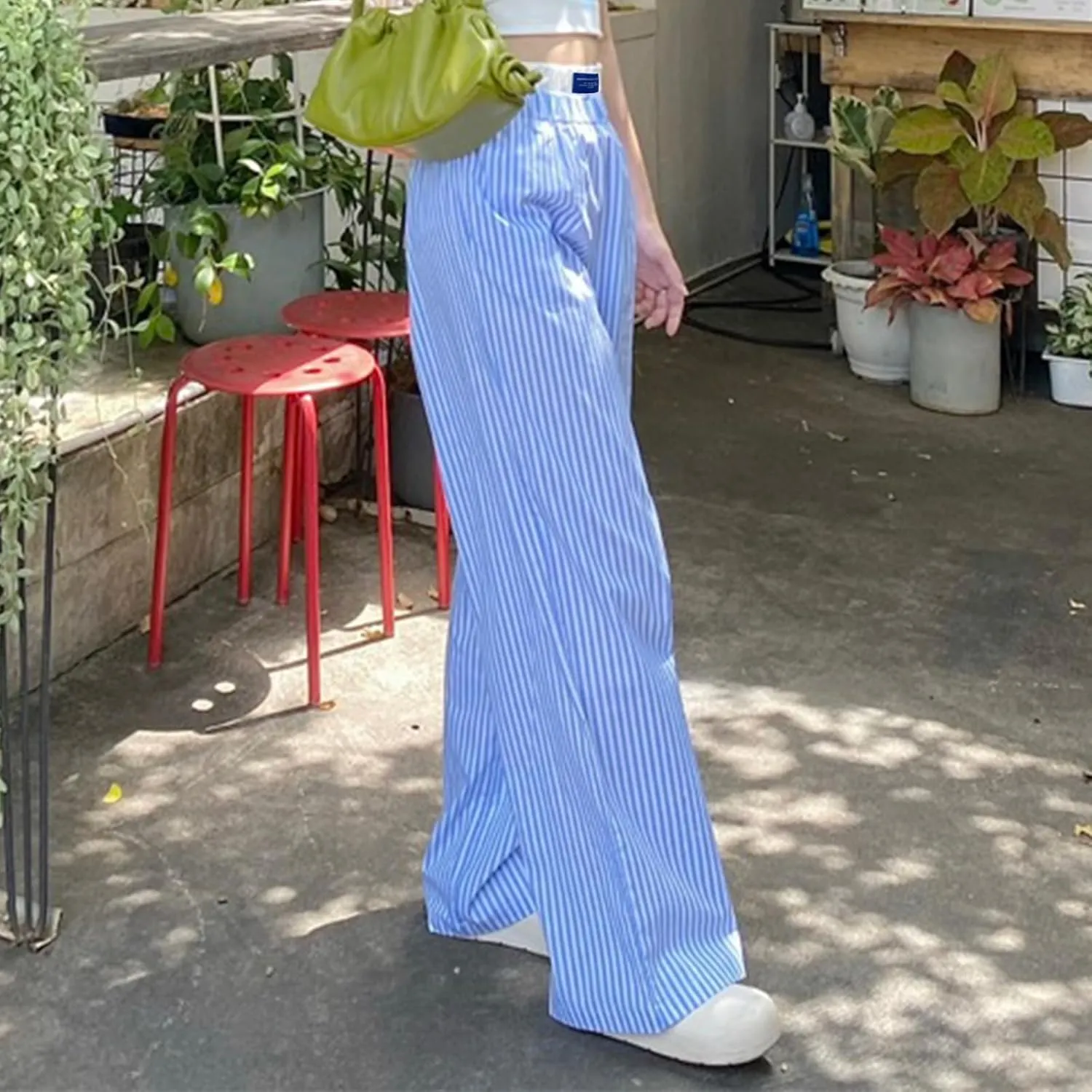 Women's Fashion Stripe Trousers Elastic High Waist Letter Sign Wide Leg Pants with Pockets Streetwear