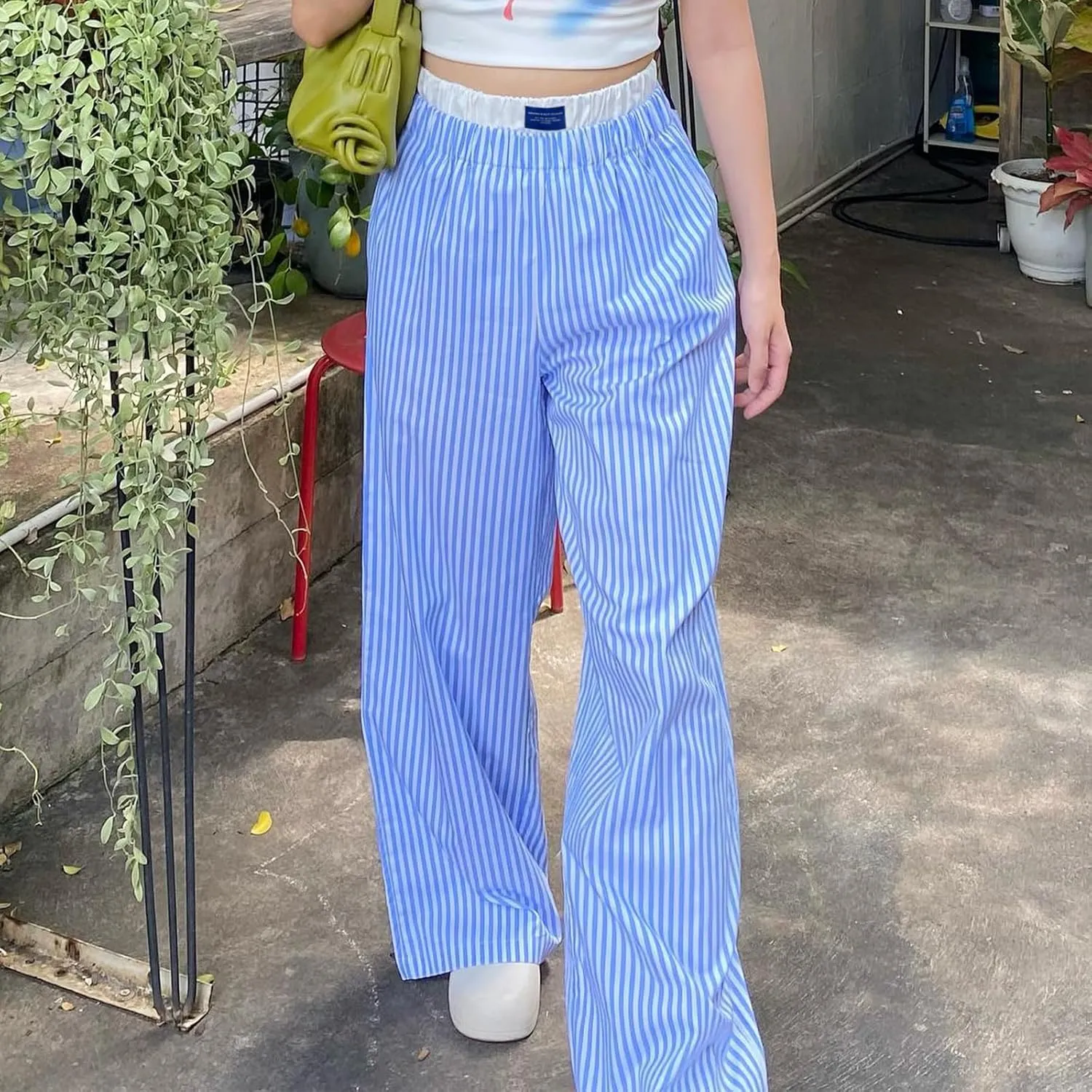 Women's Fashion Stripe Trousers Elastic High Waist Letter Sign Wide Leg Pants with Pockets Streetwear