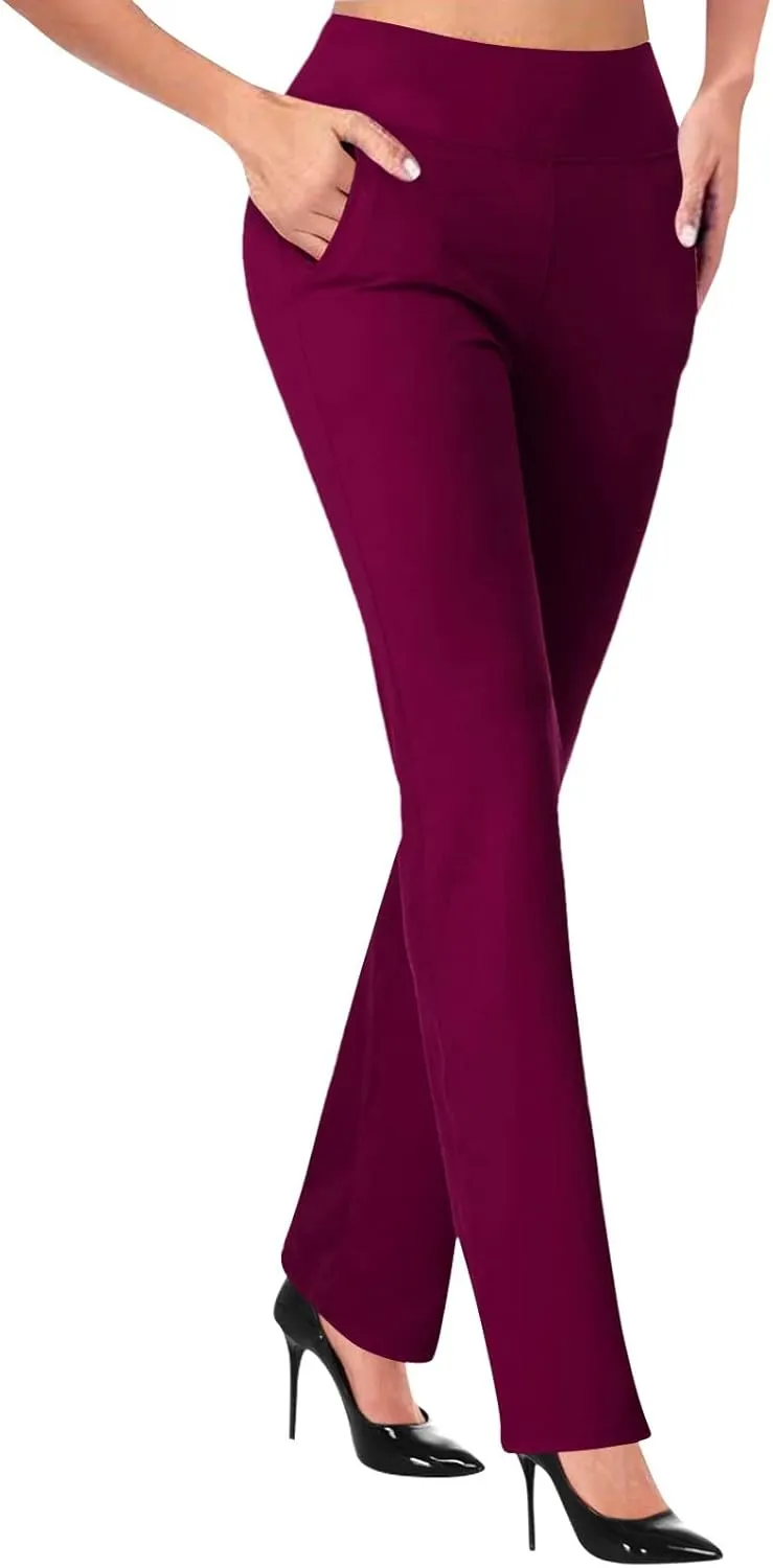 Women's Flared Business Casual Work Dress Pants with Pockets High Waist Stretch Trousers Pull-On Office Pant