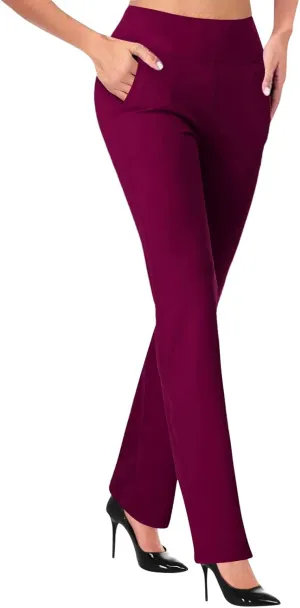 Women's Flared Business Casual Work Dress Pants with Pockets High Waist Stretch Trousers Pull-On Office Pant
