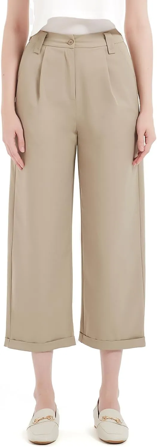 Women's Pants Capri Dress Work High Waisted Wide Leg Loose Summer Golf Casual Cropped with Pockets