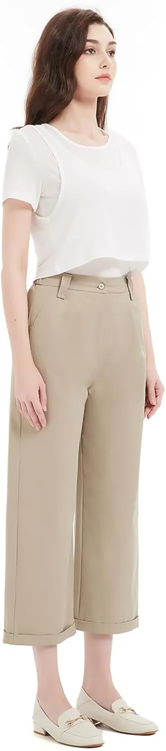 Women's Pants Capri Dress Work High Waisted Wide Leg Loose Summer Golf Casual Cropped with Pockets