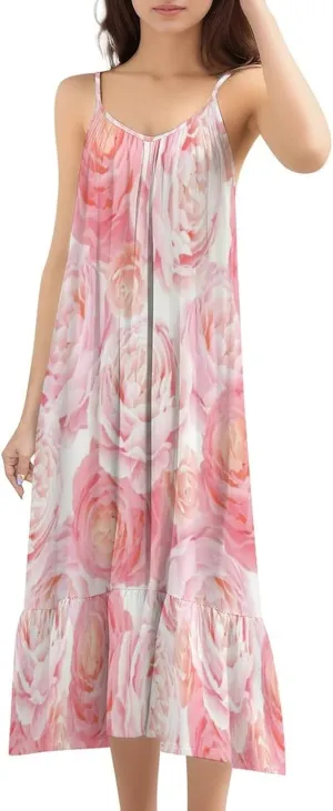 Womens' Pink Roses Summer Strappy Long Dress Sweet Ruffled Flowy Boho Sundresses
