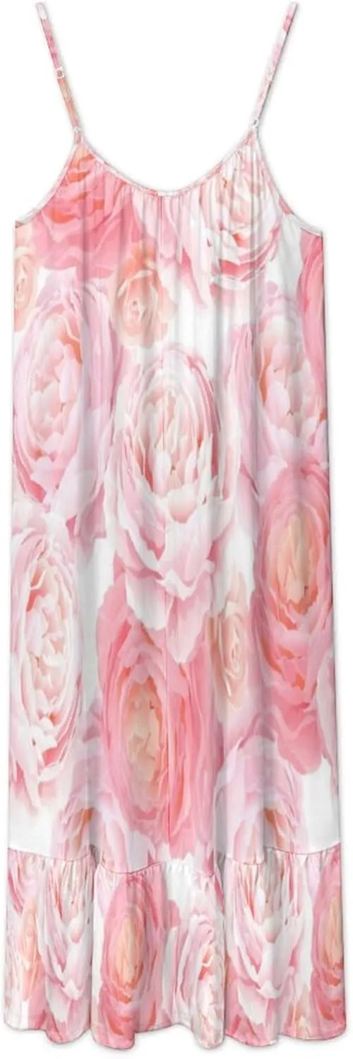Womens' Pink Roses Summer Strappy Long Dress Sweet Ruffled Flowy Boho Sundresses