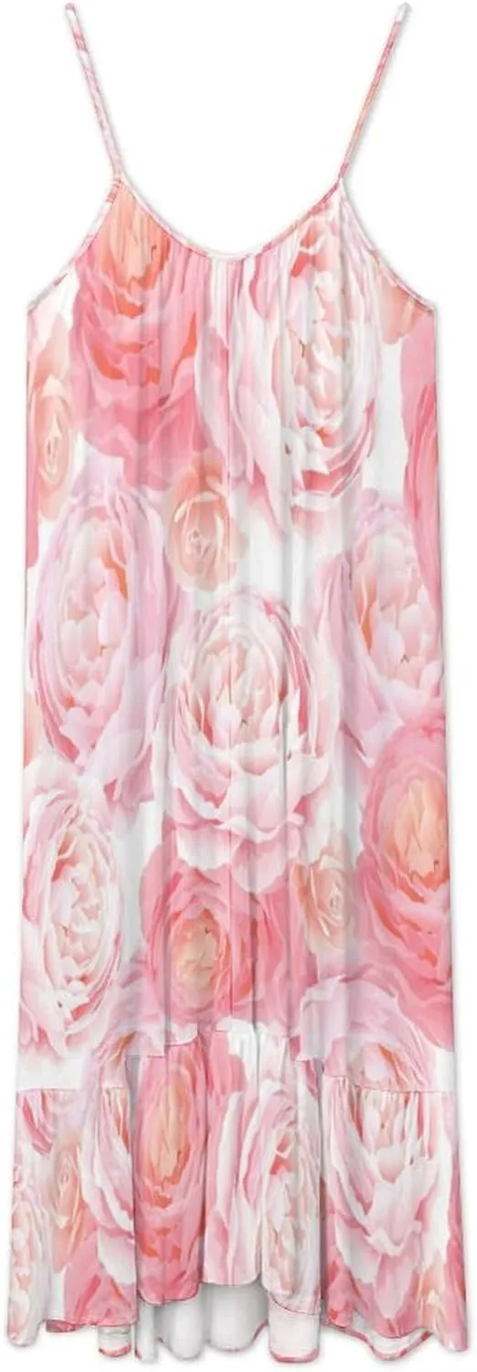Womens' Pink Roses Summer Strappy Long Dress Sweet Ruffled Flowy Boho Sundresses