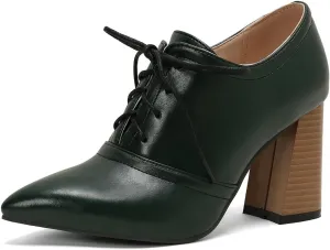 Women's Pointed Toe Chunky Stacked High Heels Pumps Shoes Lace Up Casual Comfort Work Office Dress Shoe