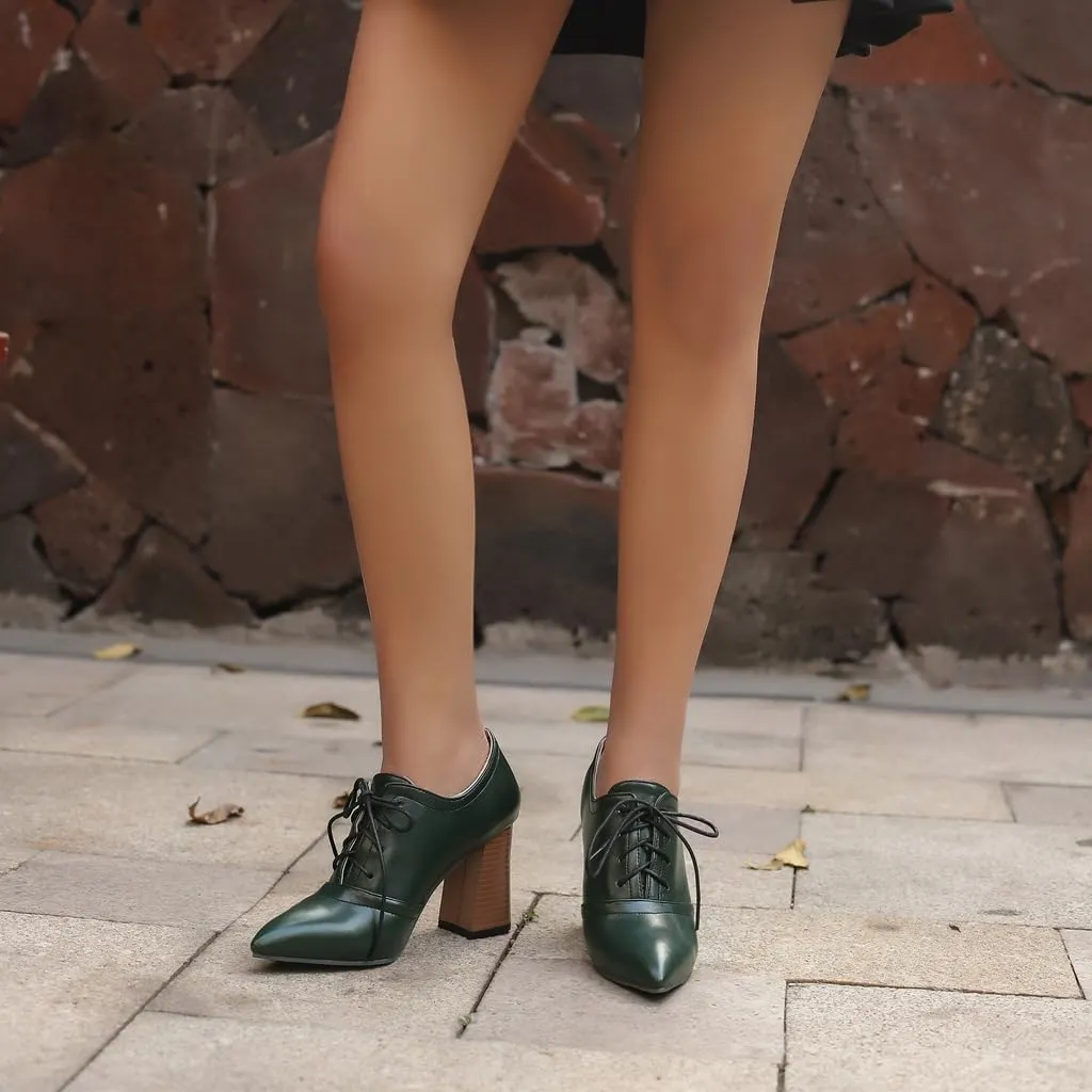 Women's Pointed Toe Chunky Stacked High Heels Pumps Shoes Lace Up Casual Comfort Work Office Dress Shoe