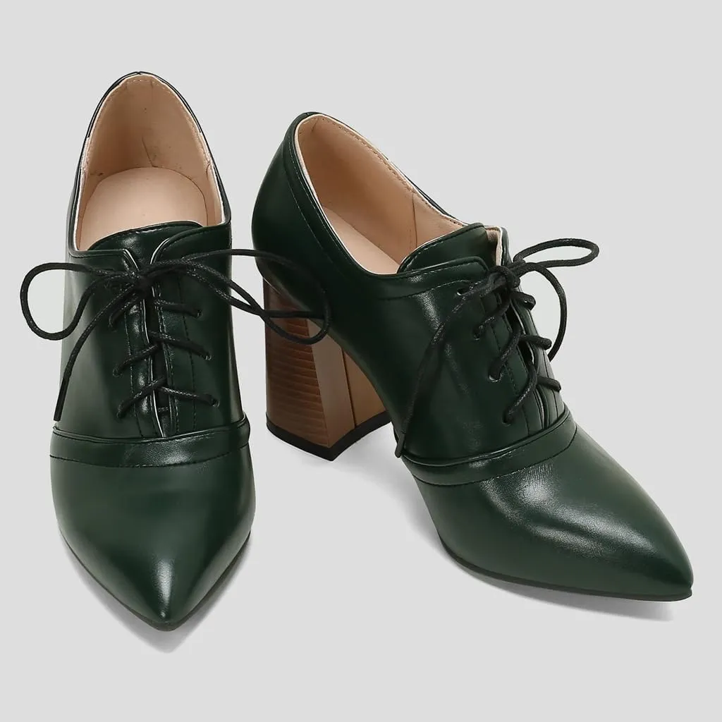 Women's Pointed Toe Chunky Stacked High Heels Pumps Shoes Lace Up Casual Comfort Work Office Dress Shoe