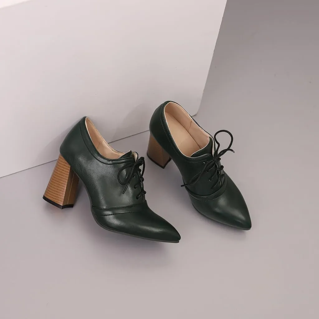 Women's Pointed Toe Chunky Stacked High Heels Pumps Shoes Lace Up Casual Comfort Work Office Dress Shoe