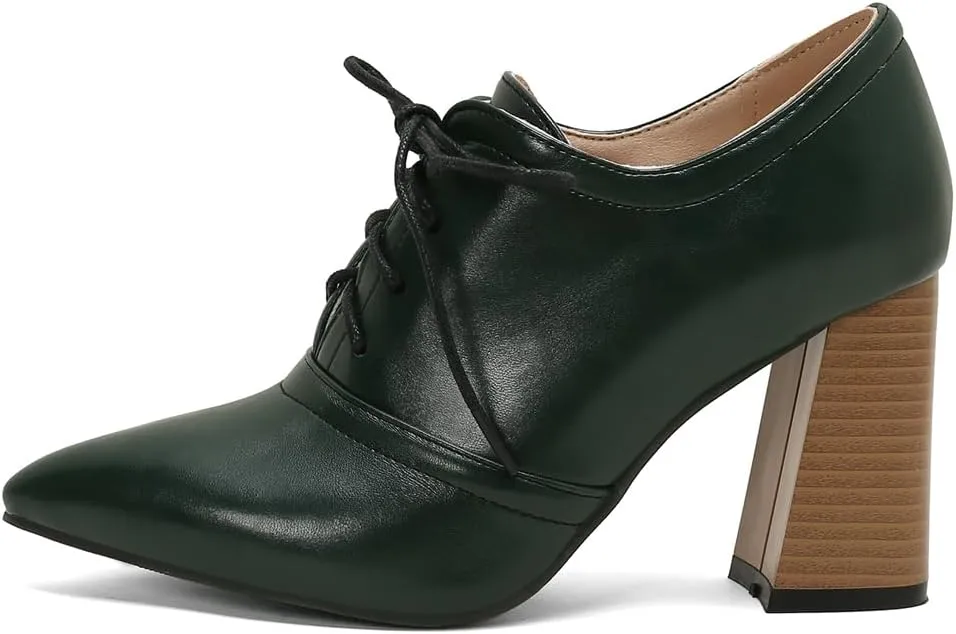 Women's Pointed Toe Chunky Stacked High Heels Pumps Shoes Lace Up Casual Comfort Work Office Dress Shoe