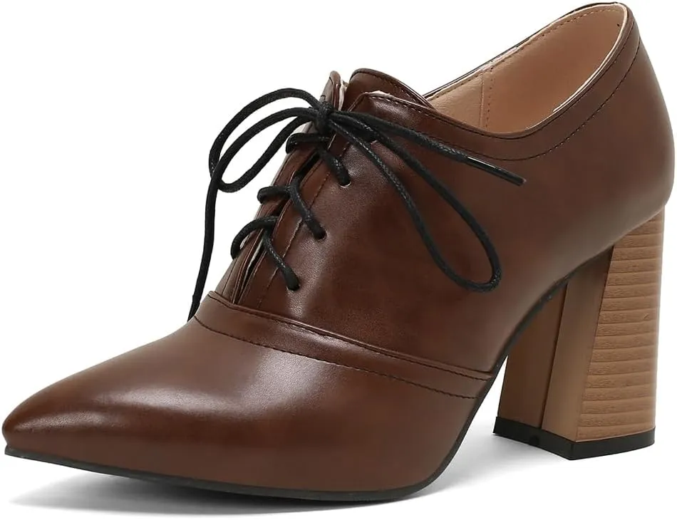 Women's Pointed Toe Chunky Stacked High Heels Pumps Shoes Lace Up Casual Comfort Work Office Dress Shoe