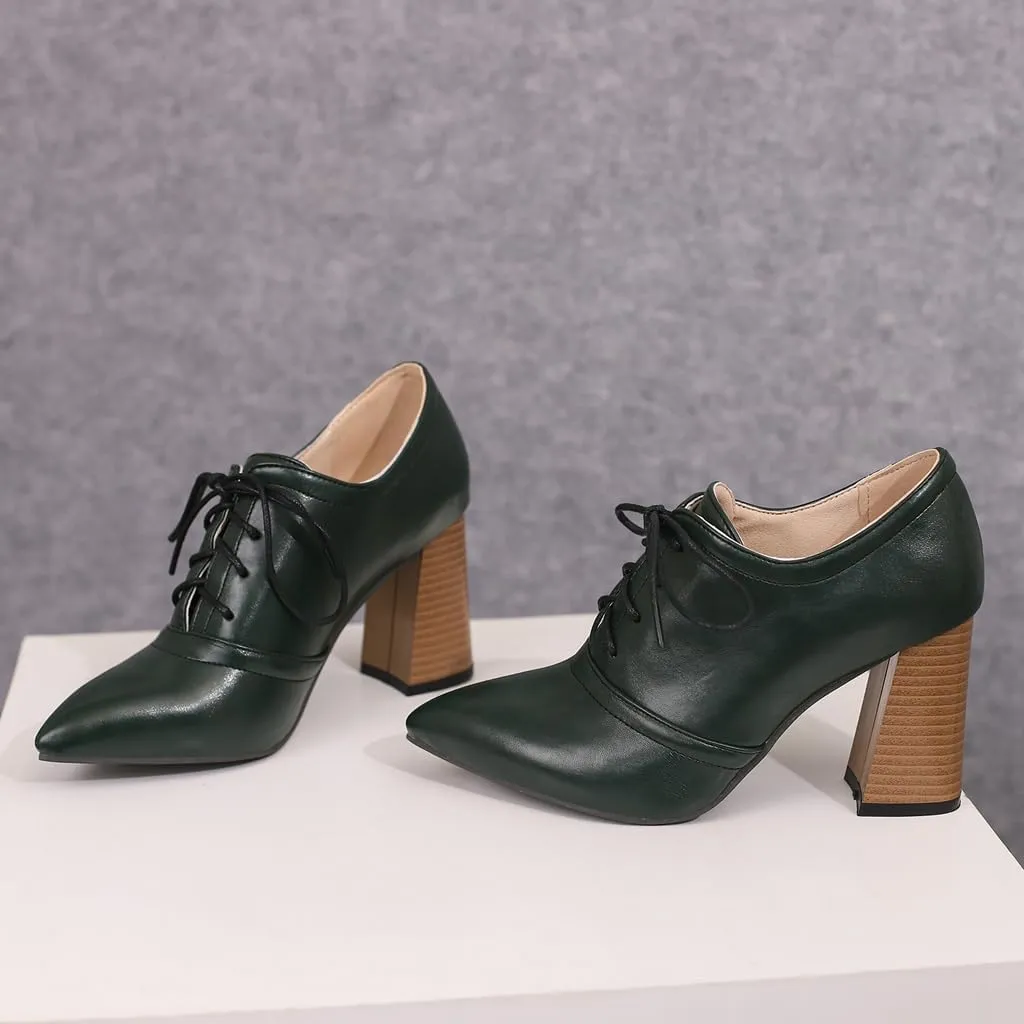 Women's Pointed Toe Chunky Stacked High Heels Pumps Shoes Lace Up Casual Comfort Work Office Dress Shoe