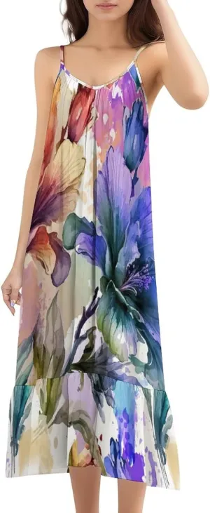 Womens' Rose of Sharon Summer Spaghetti Strap Long Dresses Adorable Ruffled Flowy Boho Sundress