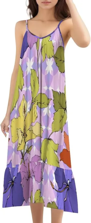 Women's Rose of Sharon Summer Strappy Tank Dress Fashion Ruffle Flowy Boho Sundress