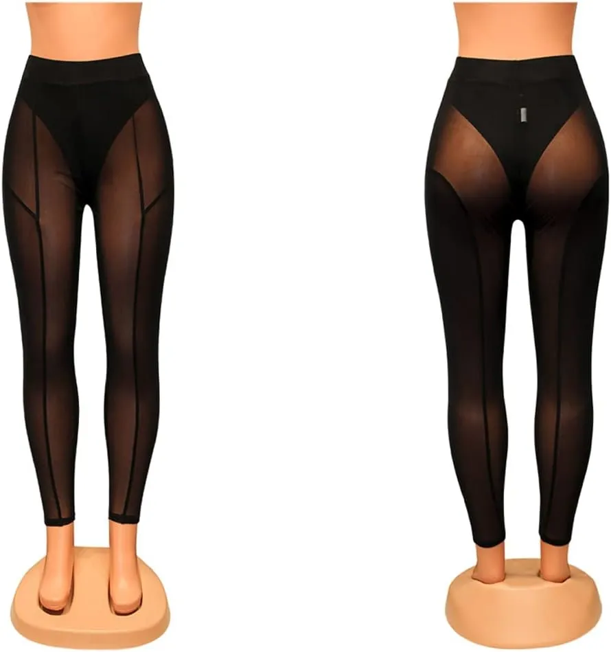 Women's Sexy See Through Sheer Mesh Pants Leggings High Waist Casual Sweatpants Tights