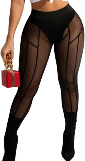 Women's Sexy See Through Sheer Mesh Pants Leggings High Waist Casual Sweatpants Tights