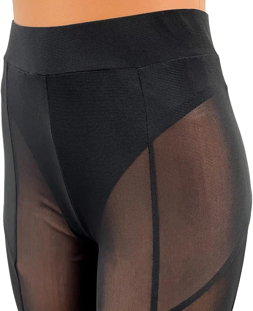 Women's Sexy See Through Sheer Mesh Pants Leggings High Waist Casual Sweatpants Tights