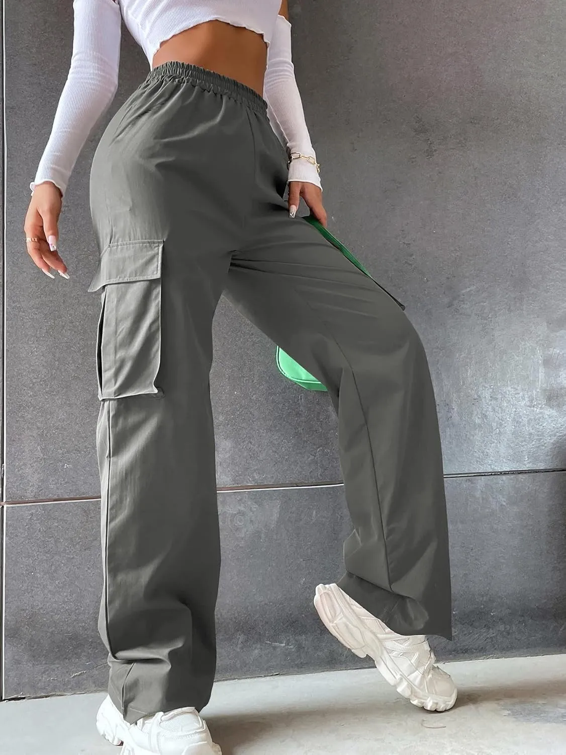 Women's Solid High Waist Flap Pocket Cargo Pants Combat Military Trousers