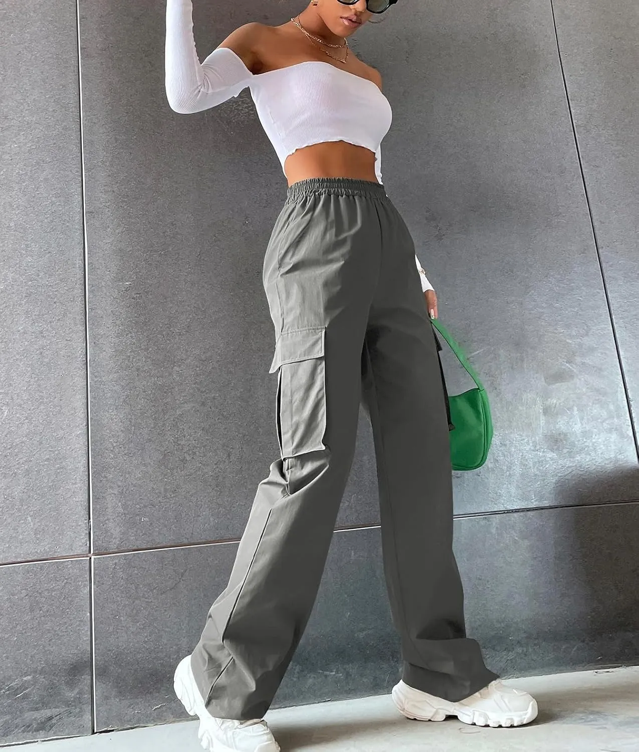 Women's Solid High Waist Flap Pocket Cargo Pants Combat Military Trousers