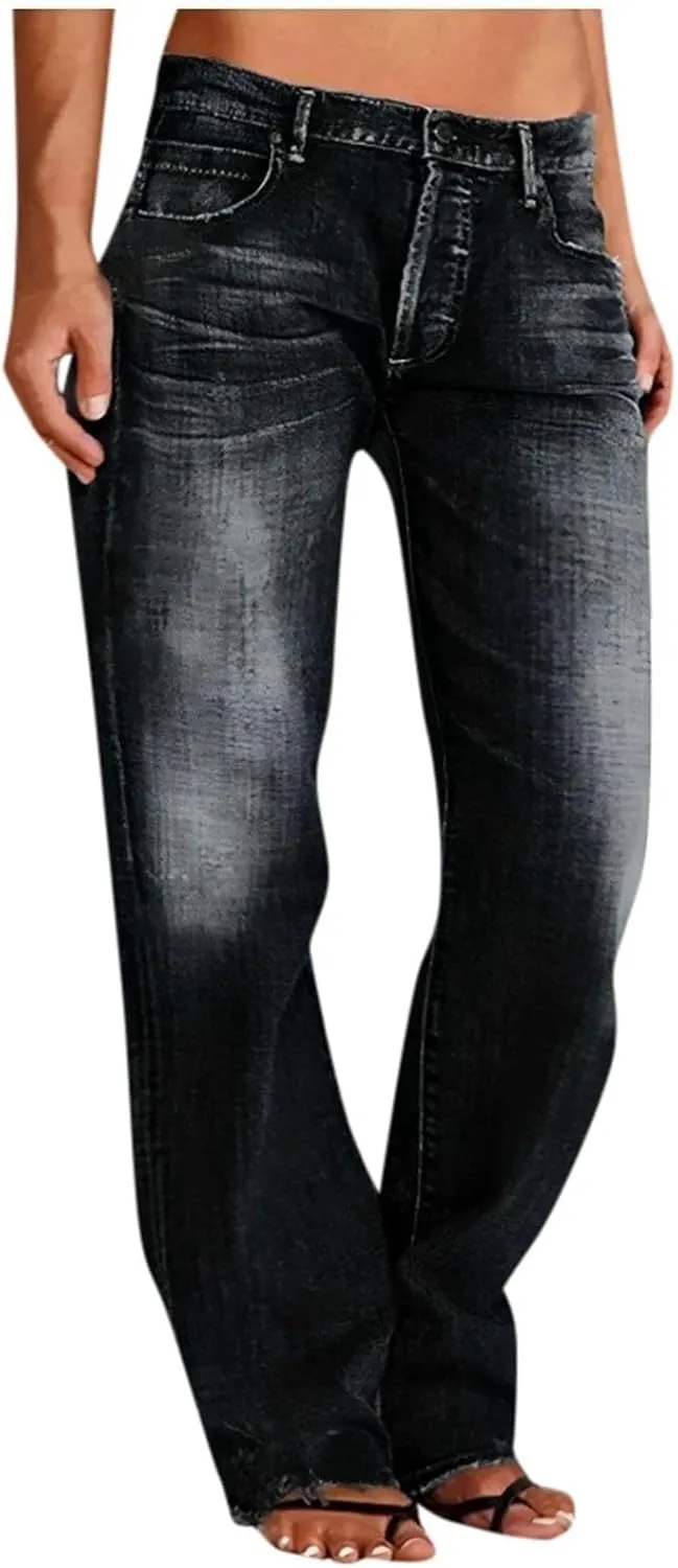 Womens Straight Leg Baggy Wide Leg Jeans Y2k Ripped Low Waisted Denim Trousers with Pockets Relaxed Boyfriend Jeans