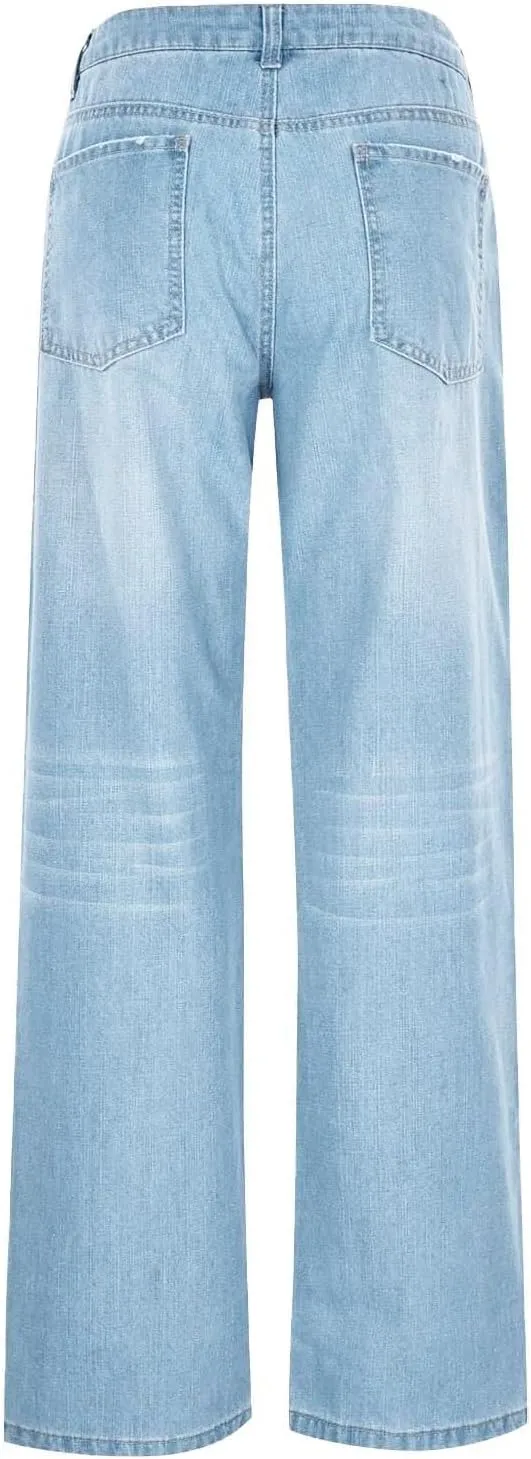 Womens Straight Leg Baggy Wide Leg Jeans Y2k Ripped Low Waisted Denim Trousers with Pockets Relaxed Boyfriend Jeans