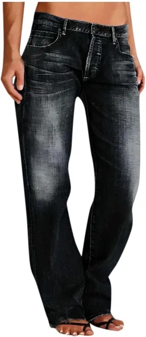 Womens Straight Leg Baggy Wide Leg Jeans Y2k Ripped Low Waisted Denim Trousers with Pockets Relaxed Boyfriend Jeans