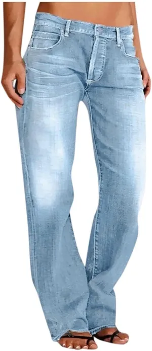 Womens Straight Leg Baggy Wide Leg Jeans Y2k Ripped Low Waisted Denim Trousers with Pockets Relaxed Boyfriend Jeans