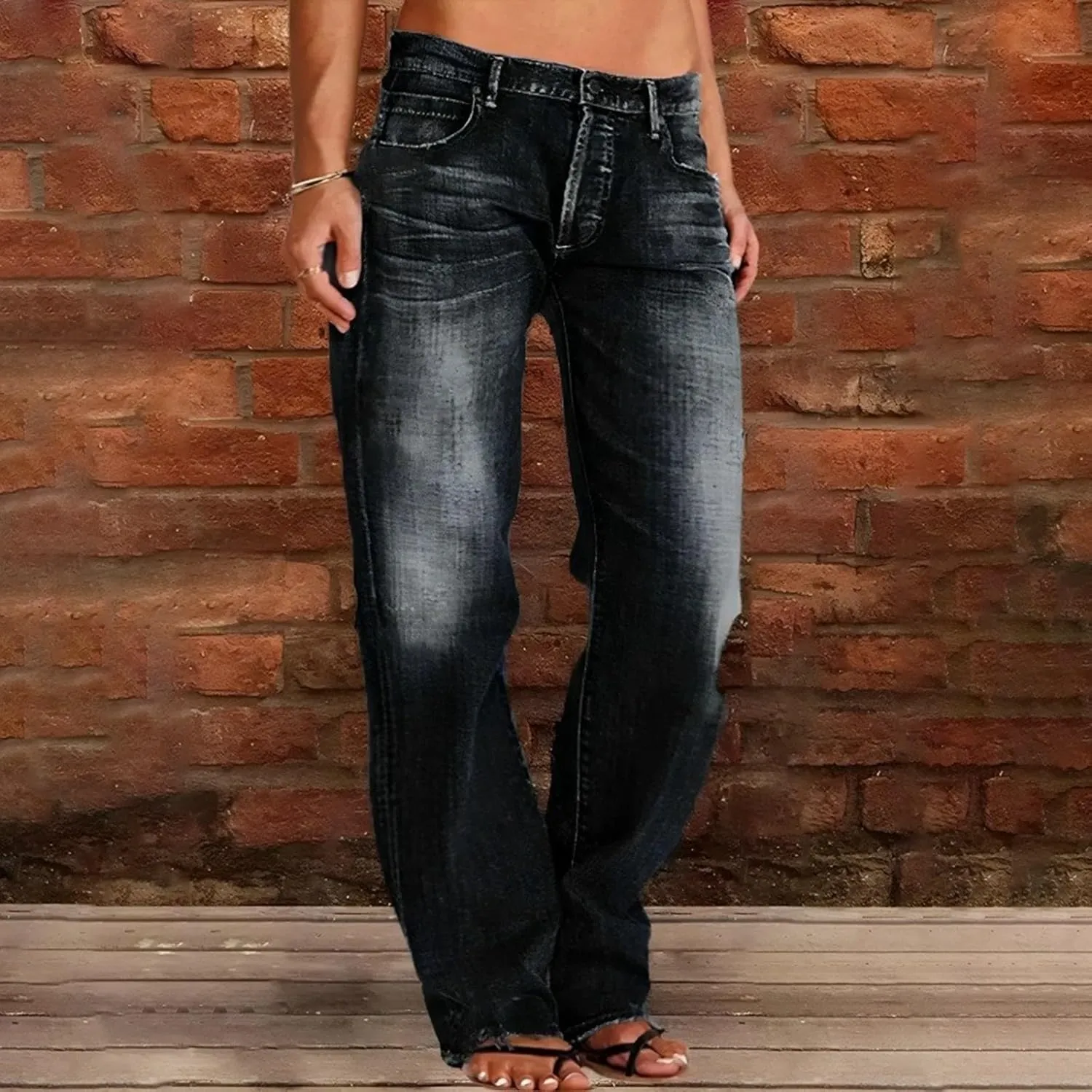 Womens Straight Leg Baggy Wide Leg Jeans Y2k Ripped Low Waisted Denim Trousers with Pockets Relaxed Boyfriend Jeans