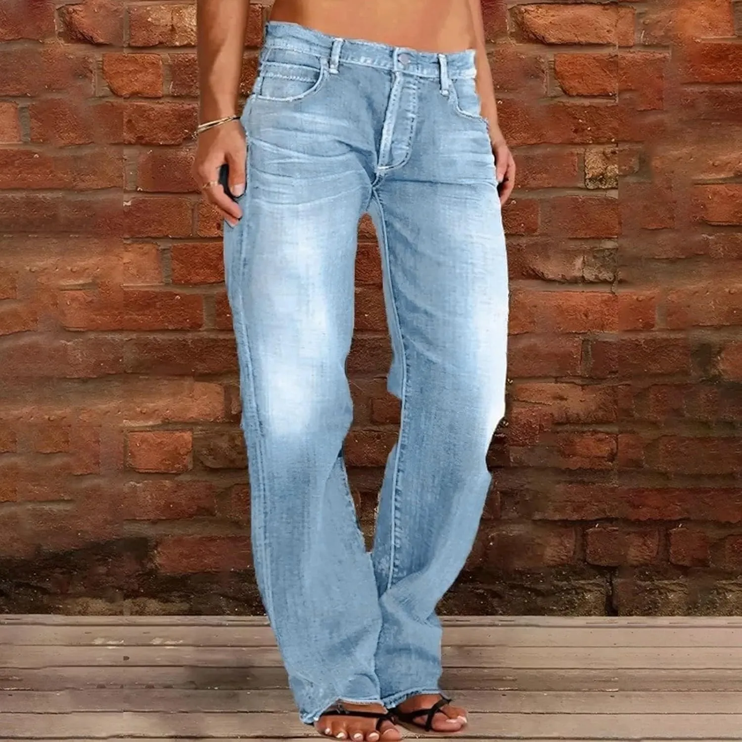 Womens Straight Leg Baggy Wide Leg Jeans Y2k Ripped Low Waisted Denim Trousers with Pockets Relaxed Boyfriend Jeans