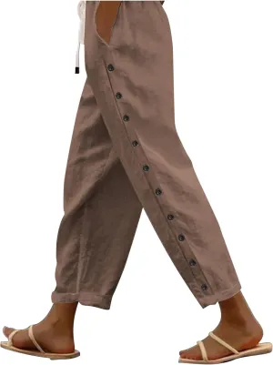 Women's Summer Casual Linen Pants Elastic Waist Relaxed Fit Straight Leg Cropped Pants Beach Trousers with Pockets