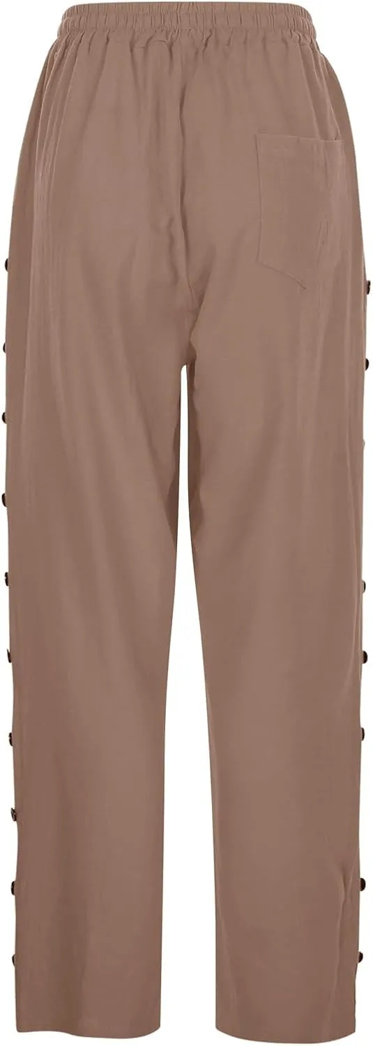 Women's Summer Casual Linen Pants Elastic Waist Relaxed Fit Straight Leg Cropped Pants Beach Trousers with Pockets
