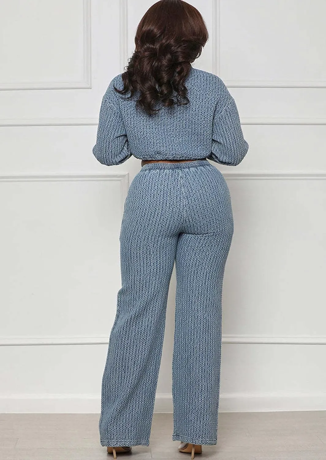 Women's Two Piece Denim Set Drawstring Cropped Jean Jacket & High Waist Jean Pants Lounge Track Suits