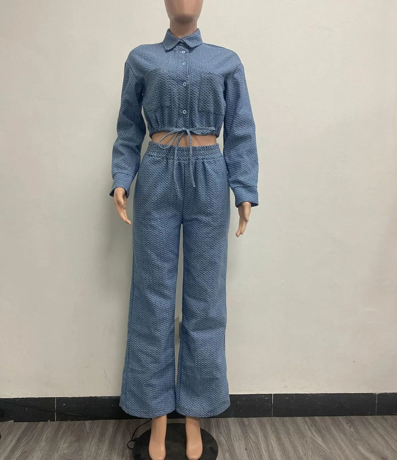 Women's Two Piece Denim Set Drawstring Cropped Jean Jacket & High Waist Jean Pants Lounge Track Suits
