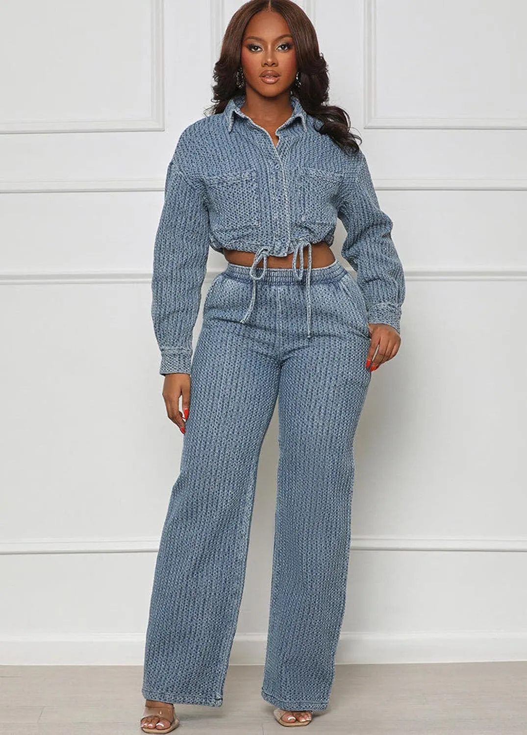 Women's Two Piece Denim Set Drawstring Cropped Jean Jacket & High Waist Jean Pants Lounge Track Suits