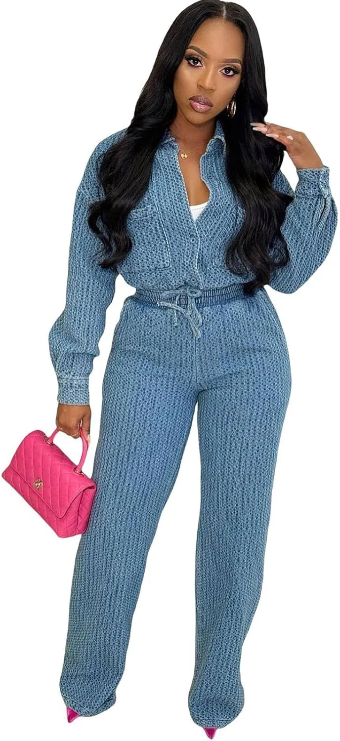 Women's Two Piece Denim Set Drawstring Cropped Jean Jacket & High Waist Jean Pants Lounge Track Suits