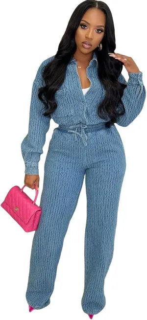 Women's Two Piece Denim Set Drawstring Cropped Jean Jacket & High Waist Jean Pants Lounge Track Suits